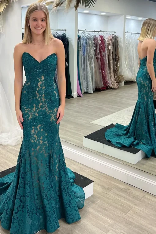 Green Mermaid Strapless Prom Dress with Lace