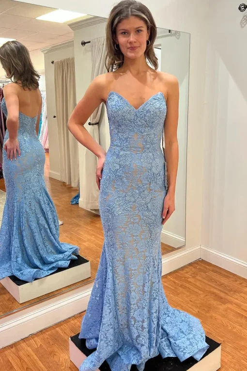 Green Mermaid Strapless Prom Dress with Lace
