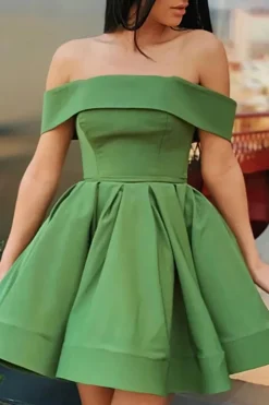 Green Off the Shoulder Simple A Line Graduation Dress