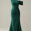 Green One Shoulder Mermaid Sparkly Prom Dress with Ruffles