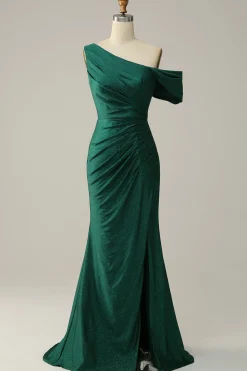 Green One Shoulder Mermaid Sparkly Prom Dress with Ruffles