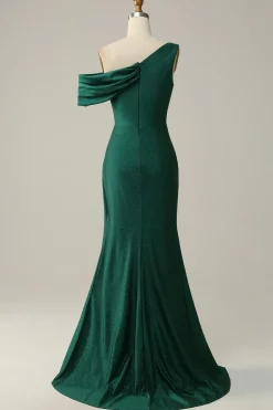 Green One Shoulder Mermaid Sparkly Prom Dress with Ruffles