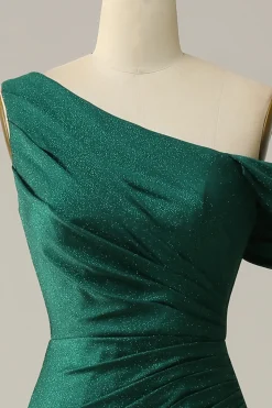 Green One Shoulder Mermaid Sparkly Prom Dress with Ruffles