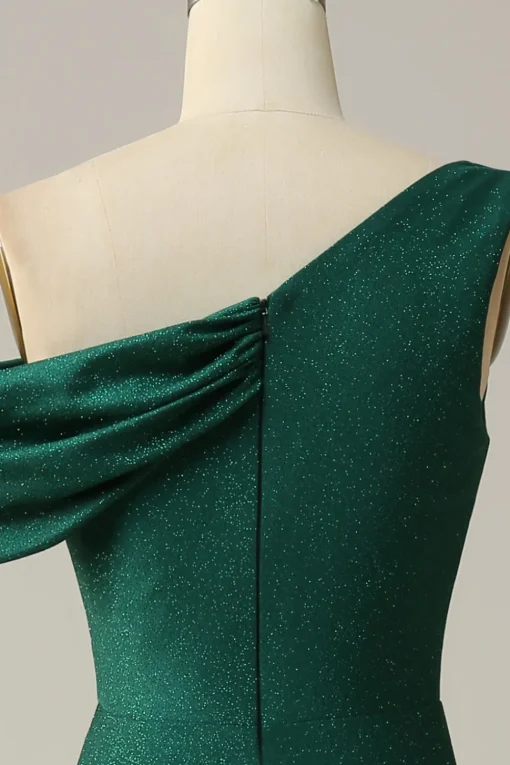 Green One Shoulder Mermaid Sparkly Prom Dress with Ruffles