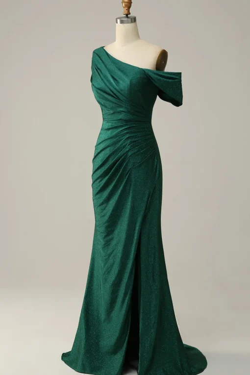 Green One Shoulder Mermaid Sparkly Prom Dress with Ruffles