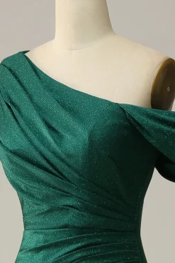 Green One Shoulder Mermaid Sparkly Prom Dress with Ruffles