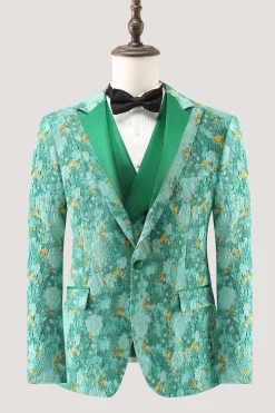 Green Peak Lapel  3 Piece Jacquard One Button Men's Prom Suits