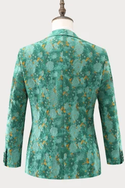 Green Peak Lapel  3 Piece Jacquard One Button Men's Prom Suits