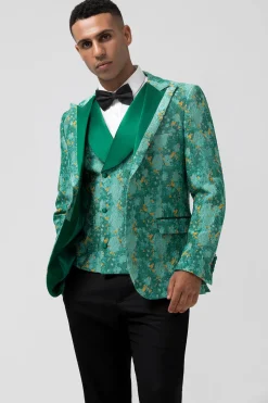 Green Peak Lapel  3 Piece Jacquard One Button Men's Prom Suits