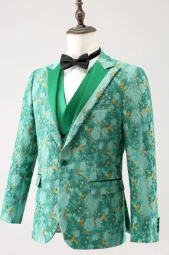 Green Peak Lapel  3 Piece Jacquard One Button Men's Prom Suits