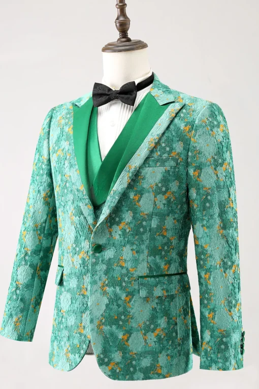 Green Peak Lapel  3 Piece Jacquard One Button Men's Prom Suits