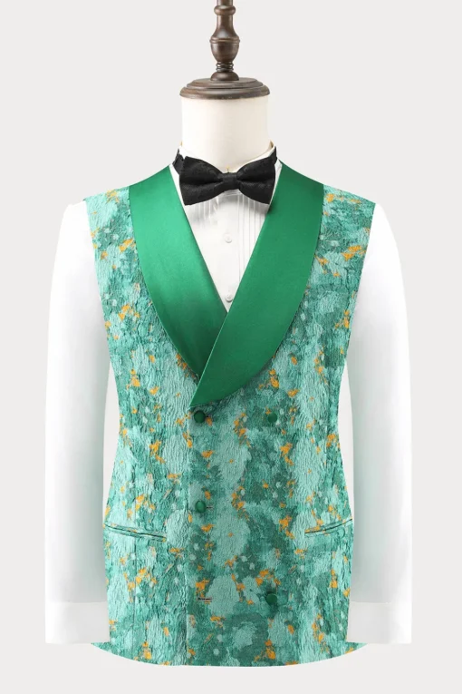 Green Peak Lapel  3 Piece Jacquard One Button Men's Prom Suits