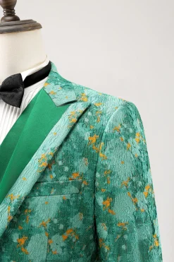 Green Peak Lapel  3 Piece Jacquard One Button Men's Prom Suits