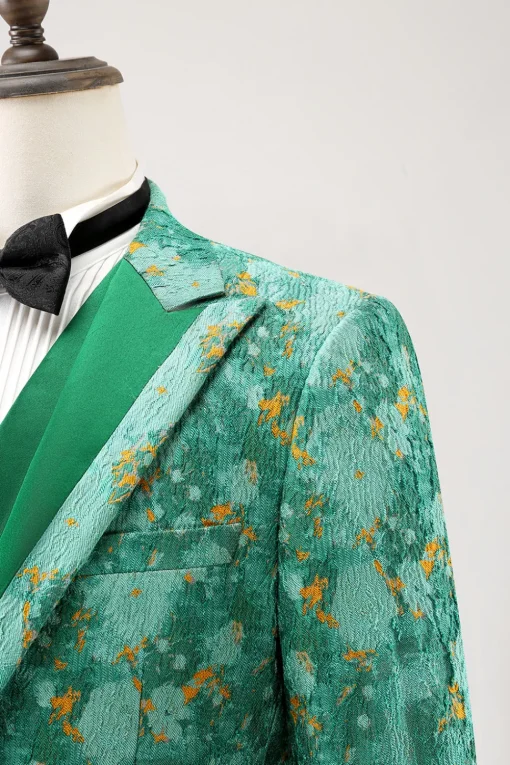 Green Peak Lapel  3 Piece Jacquard One Button Men's Prom Suits