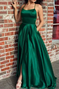 Green Satin A-line Backless Simple Prom Dress