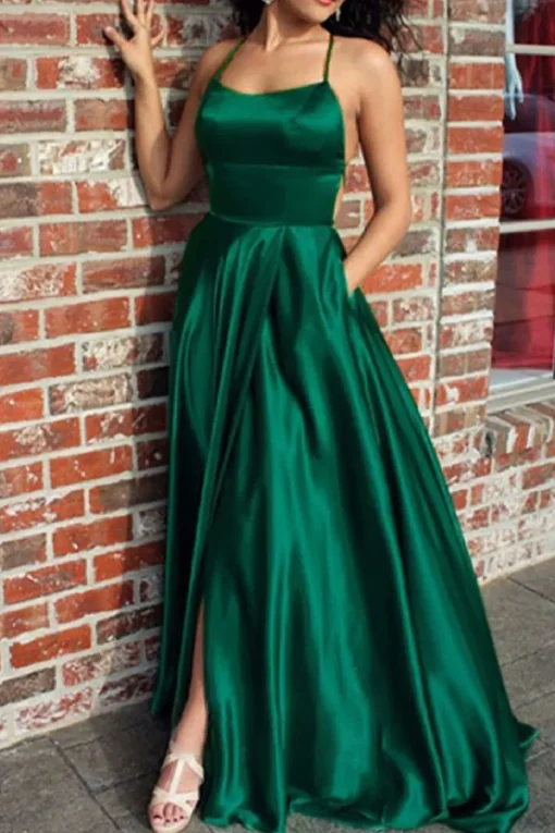 Green Satin A-line Backless Simple Prom Dress