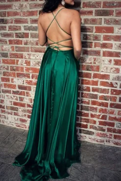 Green Satin A-line Backless Simple Prom Dress