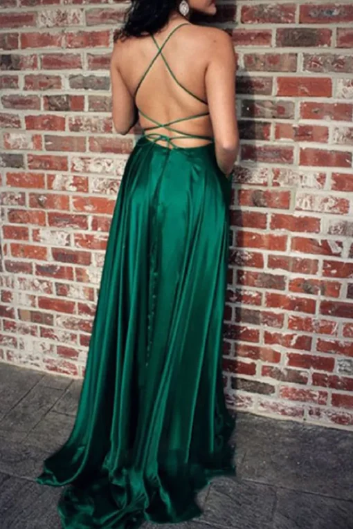 Green Satin A-line Backless Simple Prom Dress