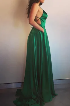 Green Satin A-line Backless Simple Prom Dress