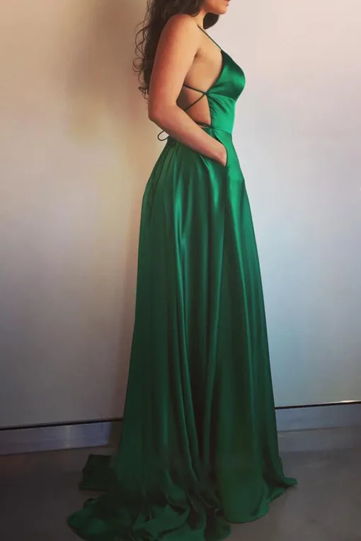 Green Satin A-line Backless Simple Prom Dress
