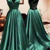 Green Satin A-line Prom Dress with Slit