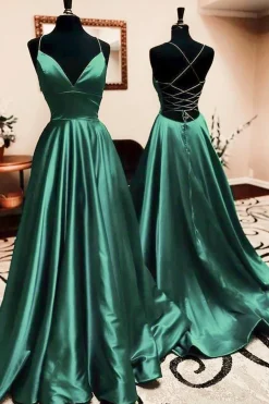 Green Satin A-line Prom Dress with Slit