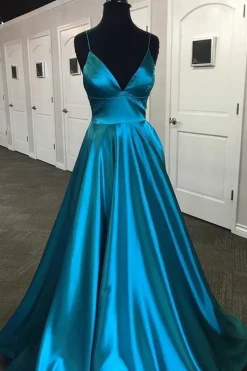 Green Satin A-line Prom Dress with Slit