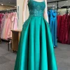 Green Satin Beaded Prom Dress with Pockets