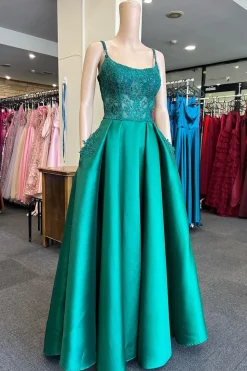 Green Satin Beaded Prom Dress with Pockets