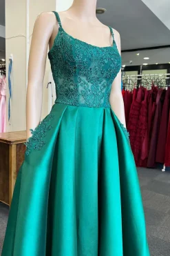 Green Satin Beaded Prom Dress with Pockets