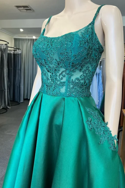 Green Satin Beaded Prom Dress with Pockets