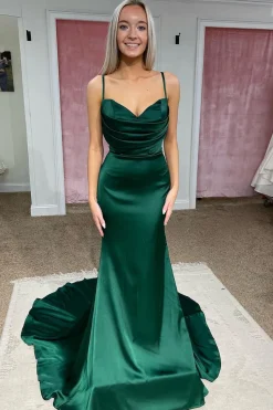 Green Satin Mermaid Prom Dress with Ruffles