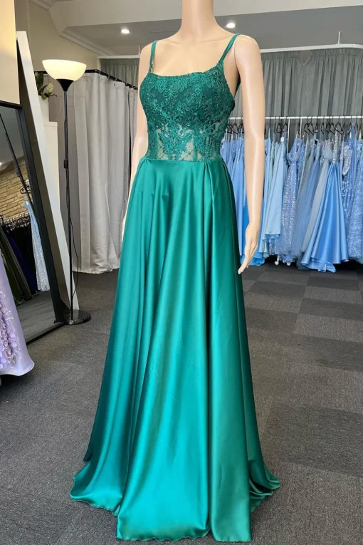 Green Satin Spaghetti Straps Corset Prom Dress