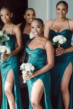 Green Satin Spaghetti Straps Corset Long Bridesmaid Dress with Side Slit