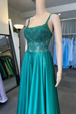 Green Satin Spaghetti Straps Corset Prom Dress