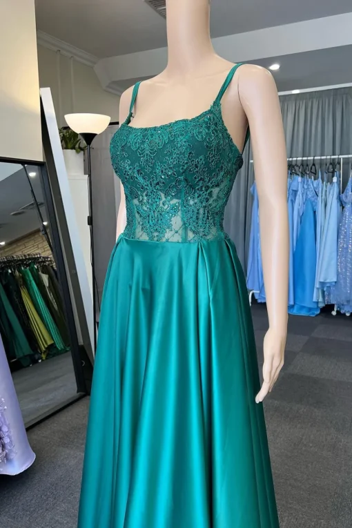 Green Satin Spaghetti Straps Corset Prom Dress