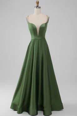 Green Satin V Neck A-line Long Bridesmaid Dress