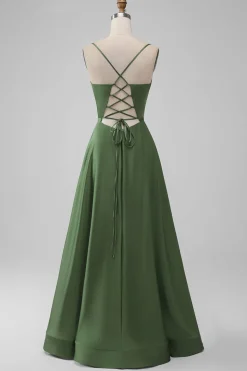 Green Satin V Neck A-line Long Bridesmaid Dress
