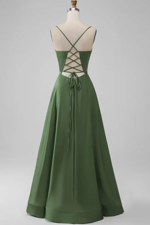 Green Satin V Neck A-line Long Bridesmaid Dress