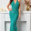 Green Sequined Halter Backless Evening Dress