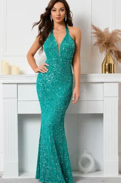 Green Sequined Halter Backless Evening Dress