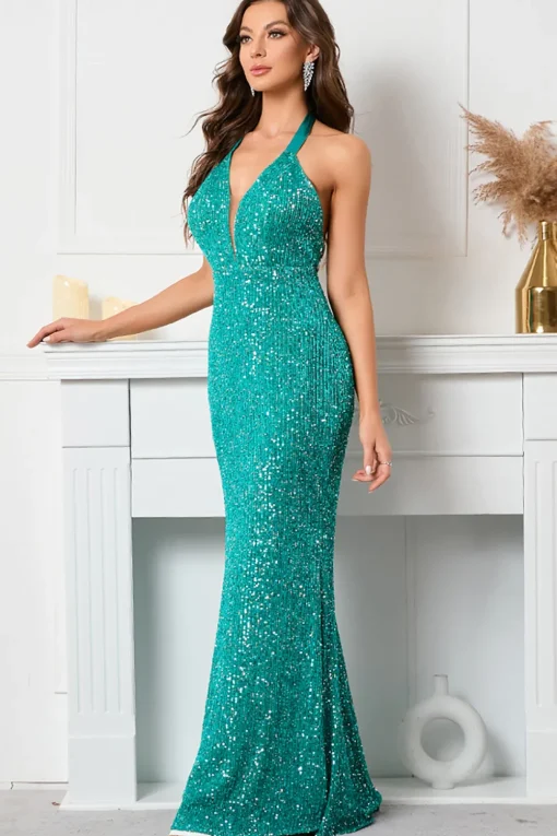 Green Sequined Halter Backless Evening Dress