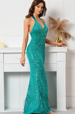Green Sequined Halter Backless Evening Dress