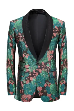 Green Shawl Lapel Jacquard Floral Pattern Men's Homecoming Suit Jacket Blazer