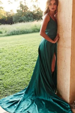 Green Simple Satin Prom Dress
