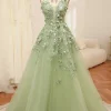 Green Spaghetti Straps A-Line Tulle Prom Dress With Appliques