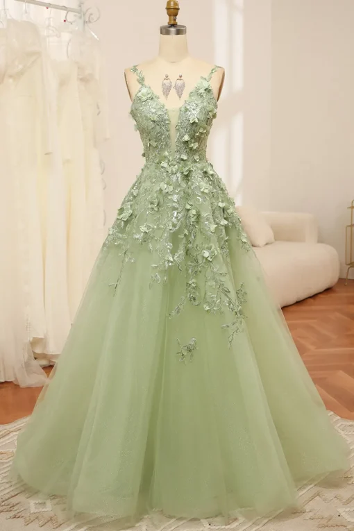 Green Spaghetti Straps A-Line Tulle Prom Dress With Appliques