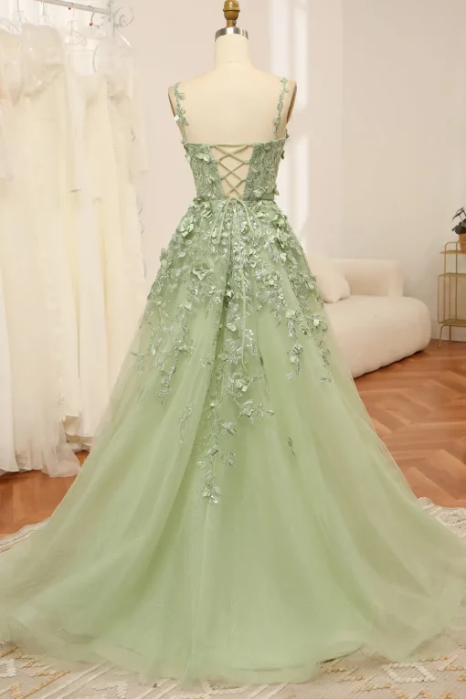 Green Spaghetti Straps A-Line Tulle Prom Dress With Appliques