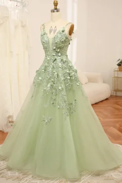 Green Spaghetti Straps A-Line Tulle Prom Dress With Appliques