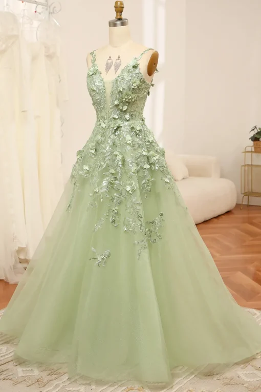 Green Spaghetti Straps A-Line Tulle Prom Dress With Appliques